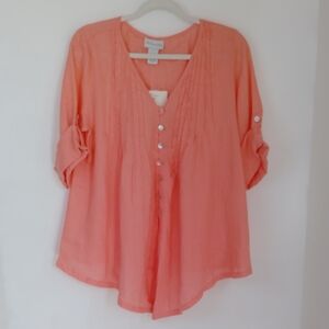 NWT Soft Surroundings Womens Peach Linen Roll Tab Button Up Top Sz PM Coastal